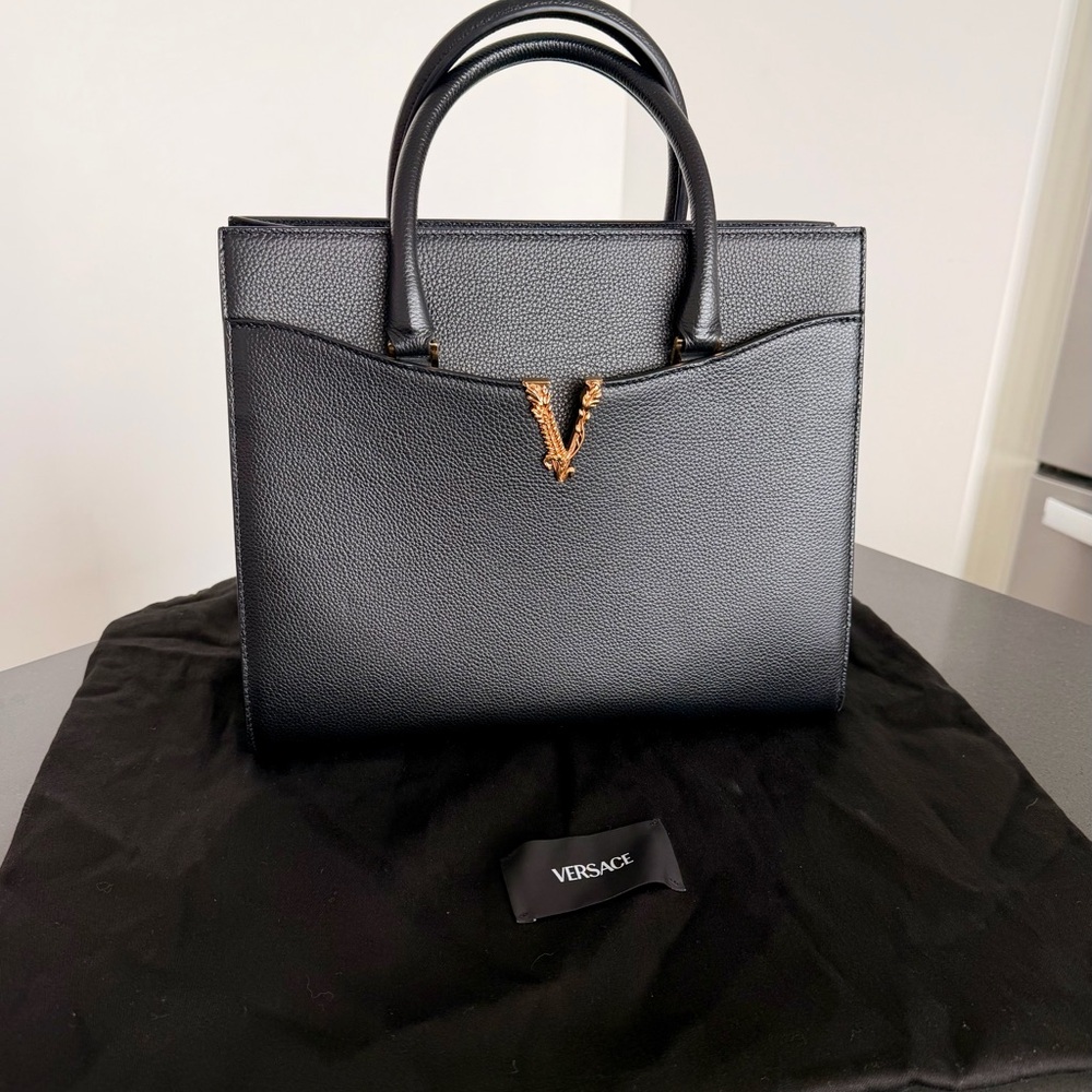 Versace Black Grained Leather Virus Tot Bag